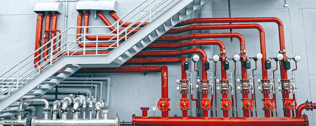 Header pipes valve zone and fire alarm control system at industrial plants