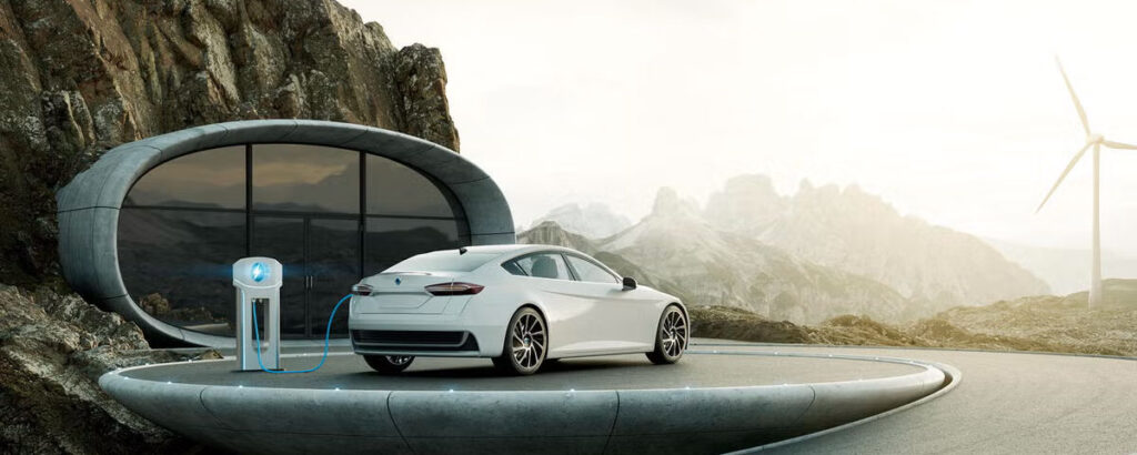 A modern home with a car charging at a charging station